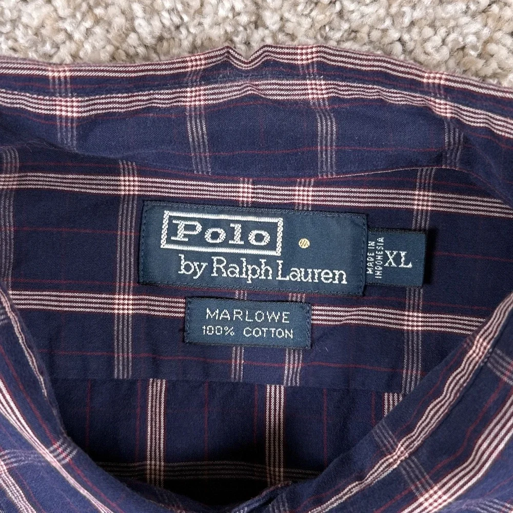 Polo Ralph Lauren Shirt Mens XL Navy Plaid Marlowe 100% Cotton Button Up Classic
